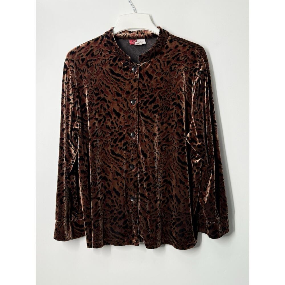 JM Collection Woman 2X Leopard Velvet Blouse Stretch Button Up Brown Animal Prin
